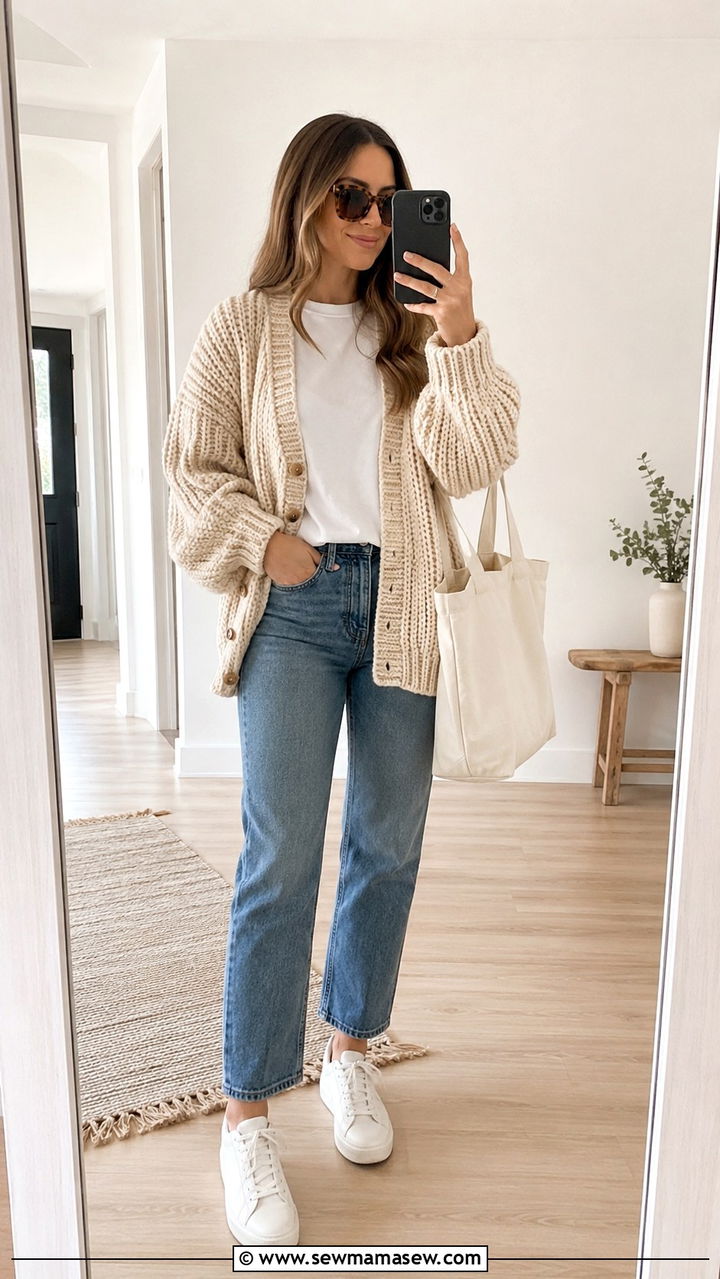 Cardigan And Straight Leg Jeans With Oversized Sunglasses - 20 spring outfits with oversize sunglasses