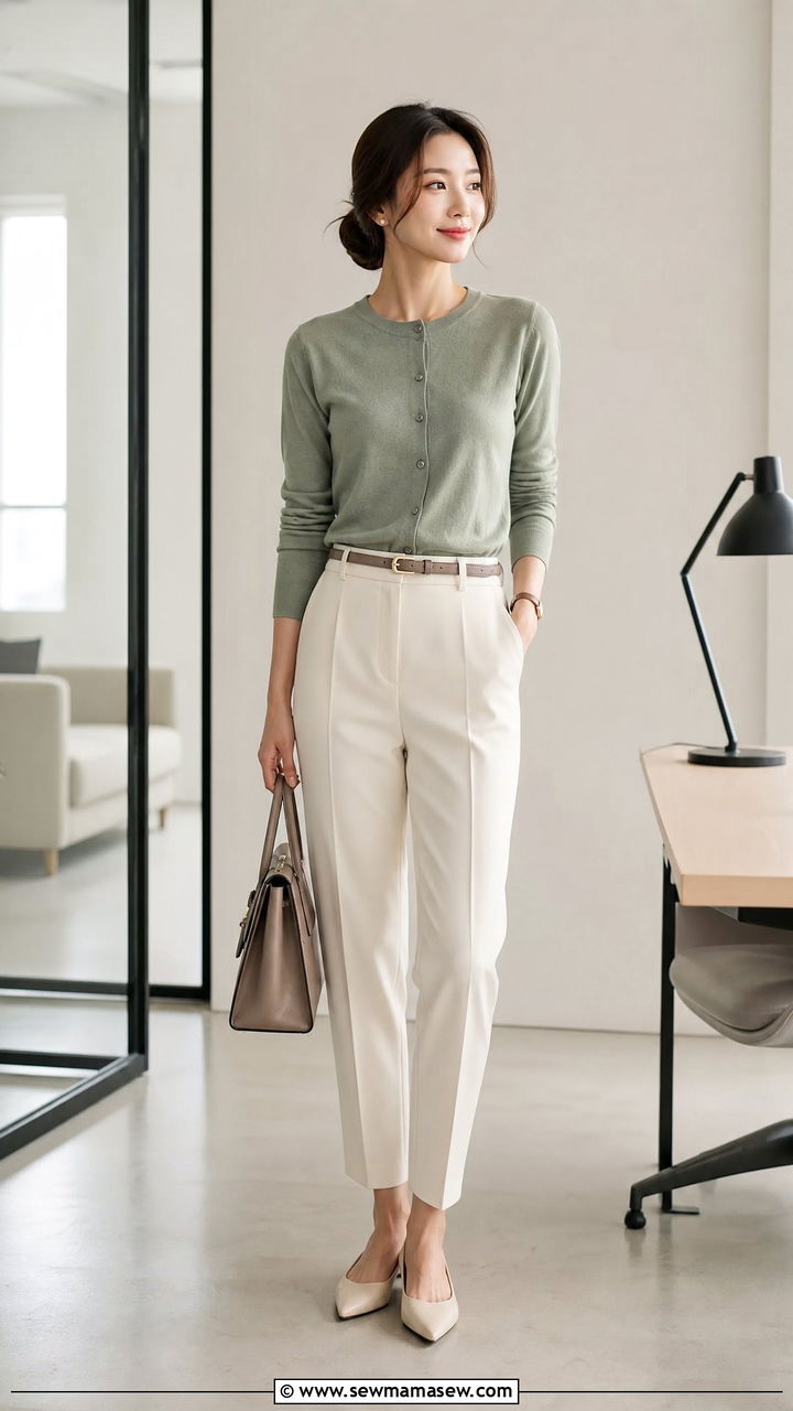 Cardigan Buttoned As A Top With Tailored Trousers Spring Outfit - 25 How to style a cardigan in spring