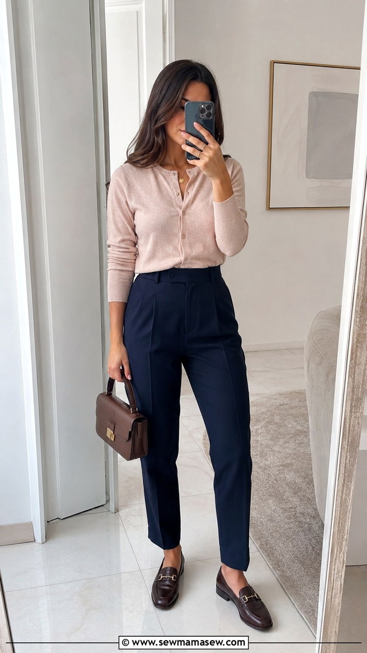 Cardigan Buttoned as a Top with Tailored Trousers - 25 Parisian outfit ideas in April