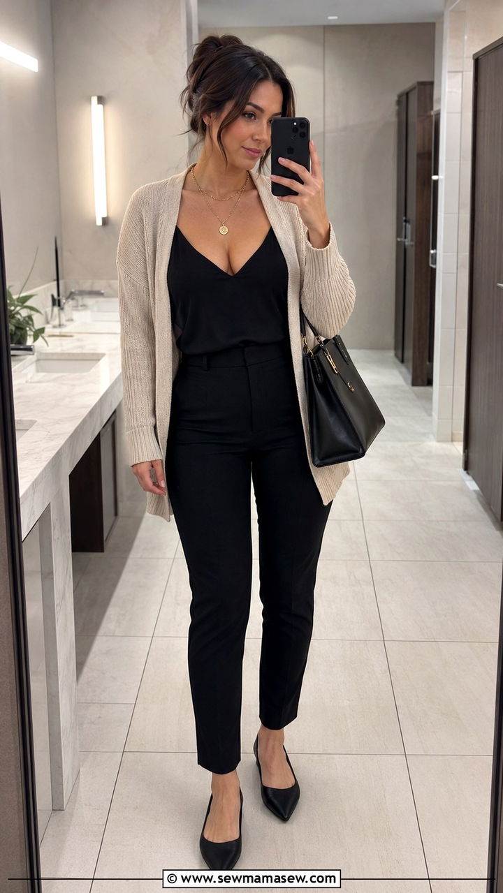 Cardigan Cami Tailored Pants Big Bust Office - 25 Outfit ideas for big bust for work