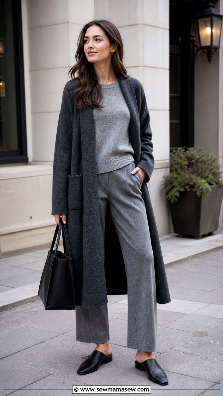 Cardigan Coat with Monochrome Layers and Mules - 40 Cozy spring outfits
