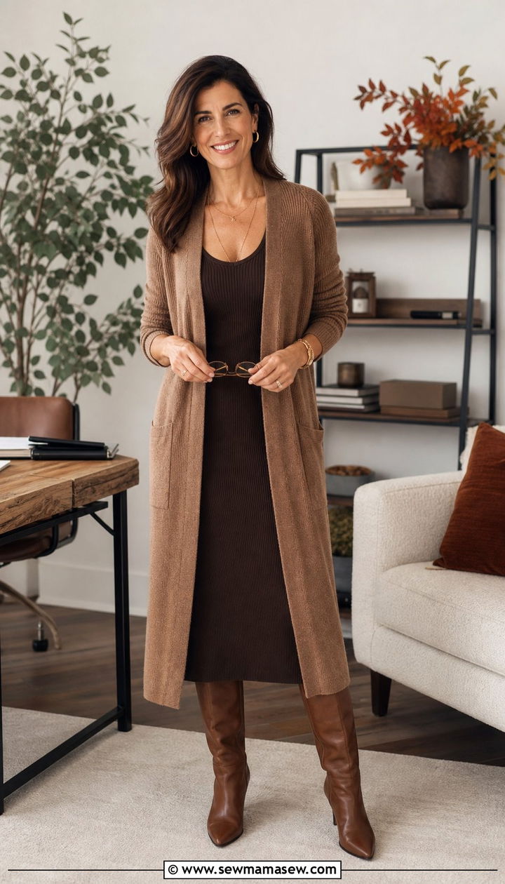 Cardigan Dress with Boots - 35 Business casual outfits for women over 40