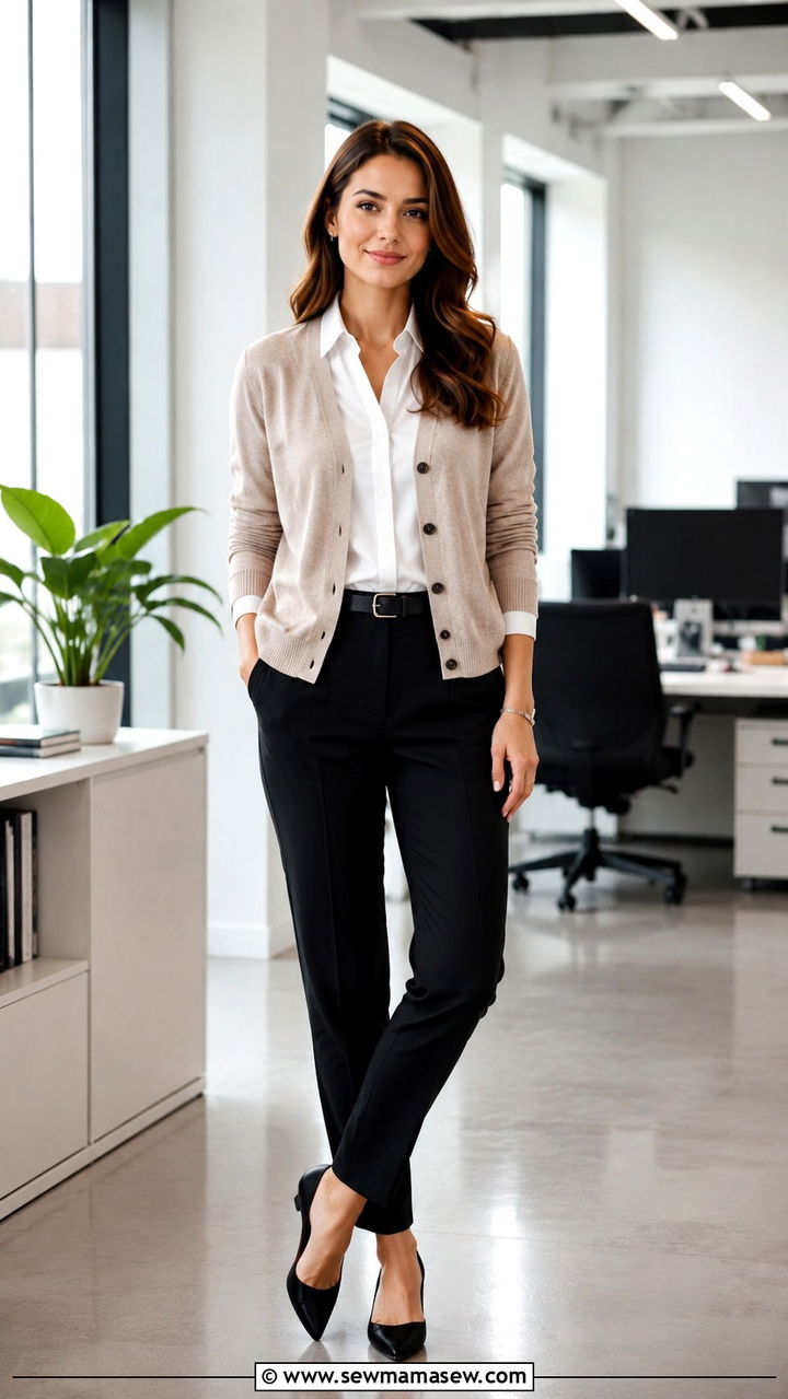 Cardigan Layered Over White Button Down And Black Trousers - 30 transitional office outfit ideas