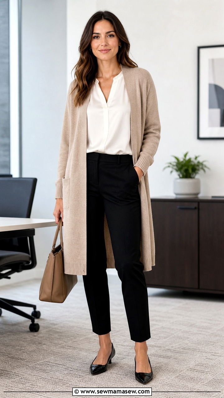 Cardigan Layered Over a Blouse With Slim Trousers - 40 Casual office outfit ideas