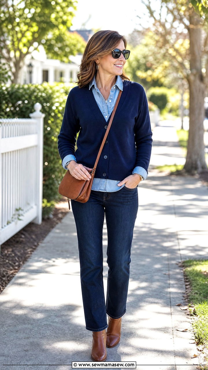 Cardigan Layered Over a Chambray Shirt and Dark Jeans - 25 cardigan outfits for women over 40