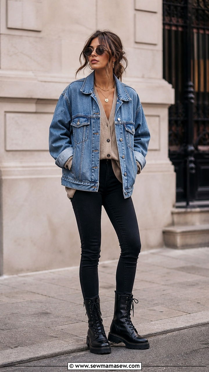 Cardigan Layered Under a Denim Jacket with Combat Boots - 40 casual cardigan outfits