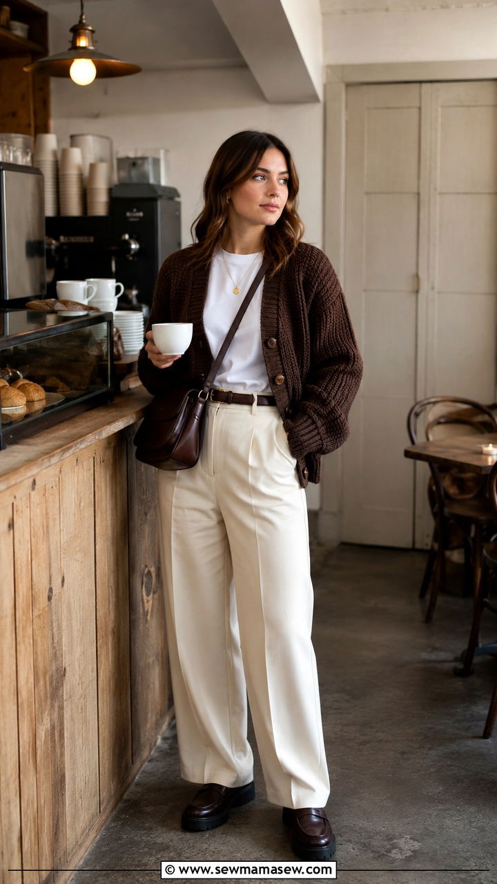 Cardigan Over A White Tee With Trousers And Loafers - 30 Pinterest outfits to copy