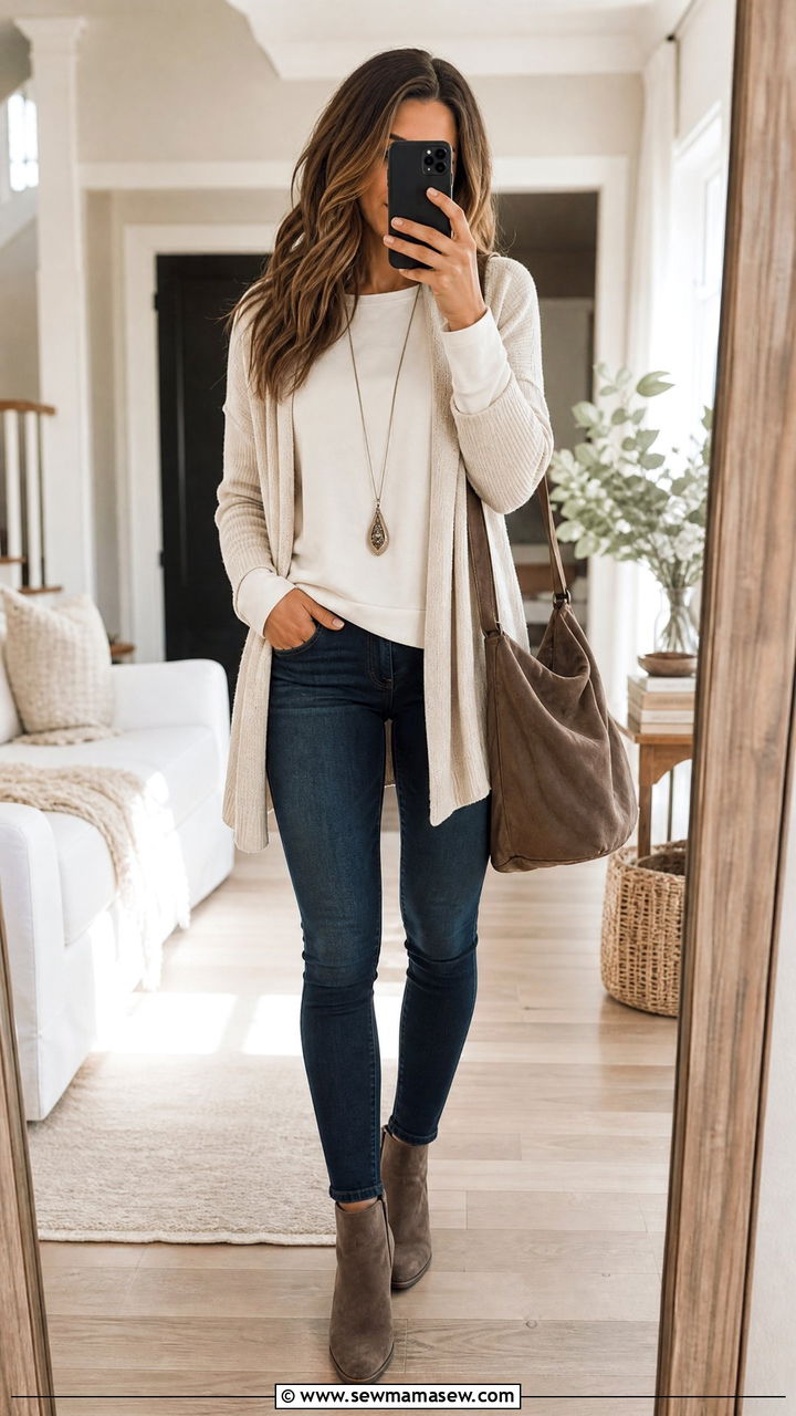Cardigan Over Boat Neck Tee with Skinny Jeans - 25 Outfits for narrow shoulders