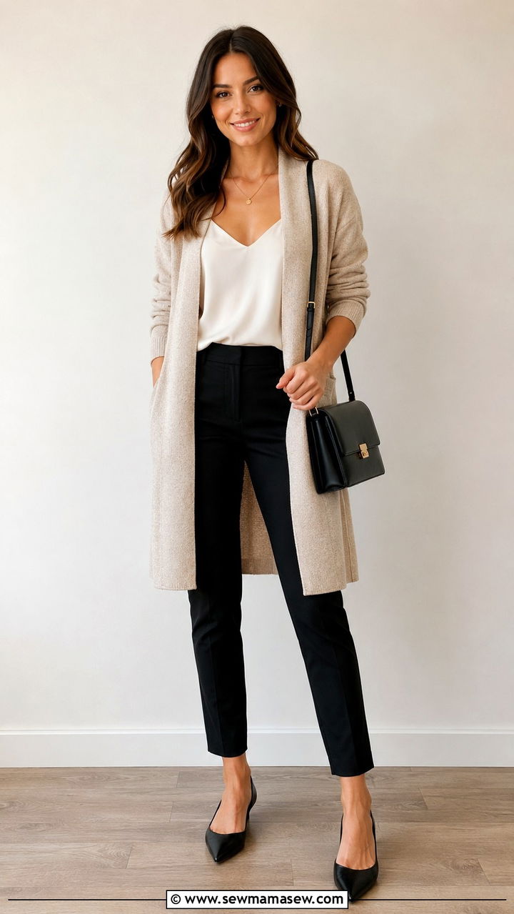 Cardigan Over Camisole With Slim Pants - 30 casual job interview outfits
