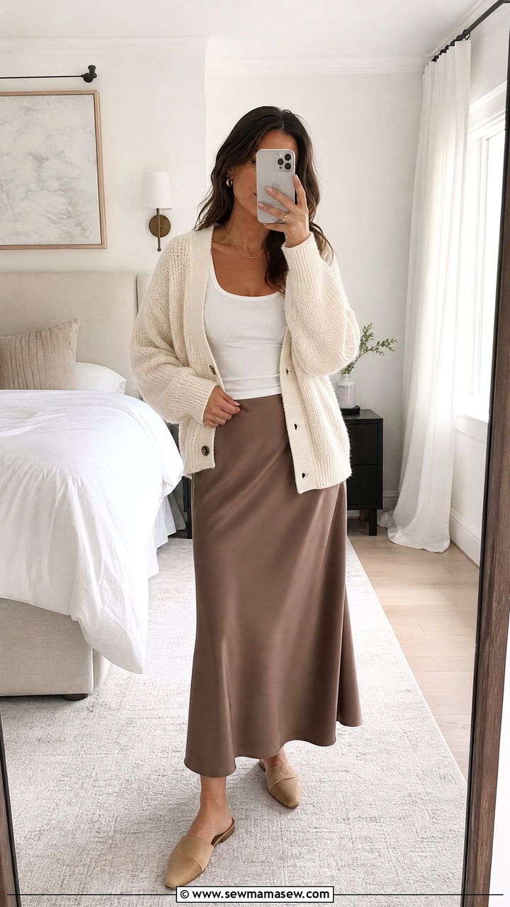 Cardigan Over Satin Slip Skirt Outfit - 25 casual elegant outfits