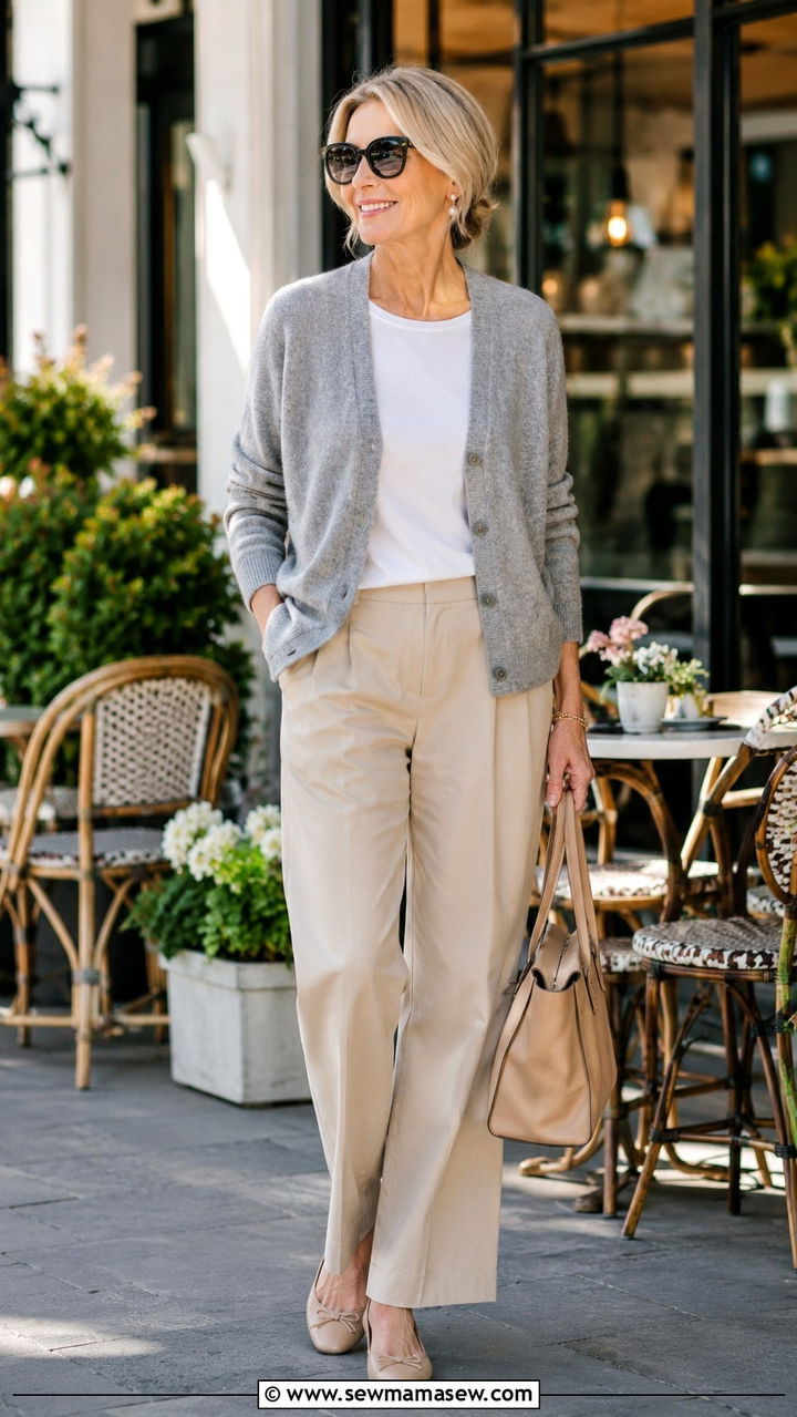 Cardigan Over Tee With Relaxed Trousers - 25 Outfit ideas for women over 50 weekend