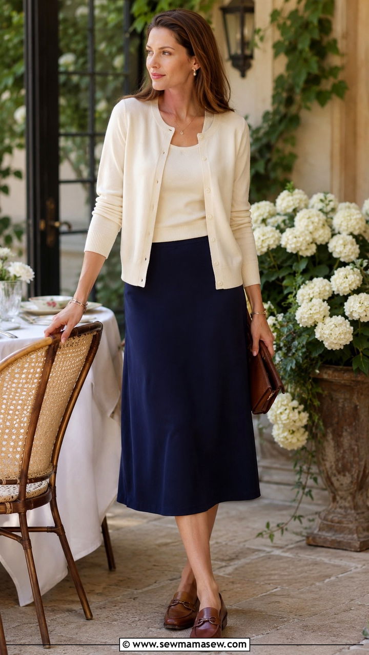 Cardigan Set with Midi Skirt - 25 Old money outfit ideas with driving loafers