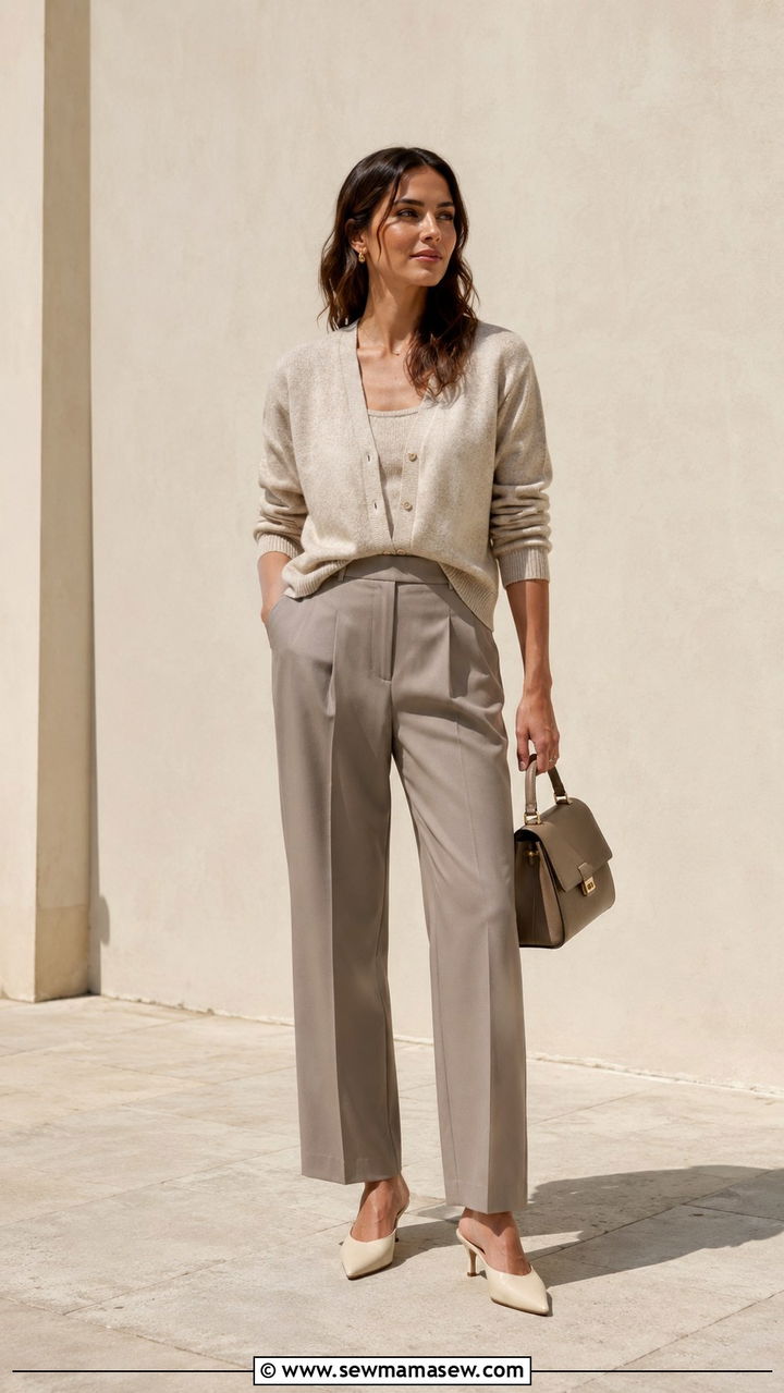 Cardigan Set with Tailored Trousers and Pointed Toe Mules - 30 Shoulder season outfit ideas