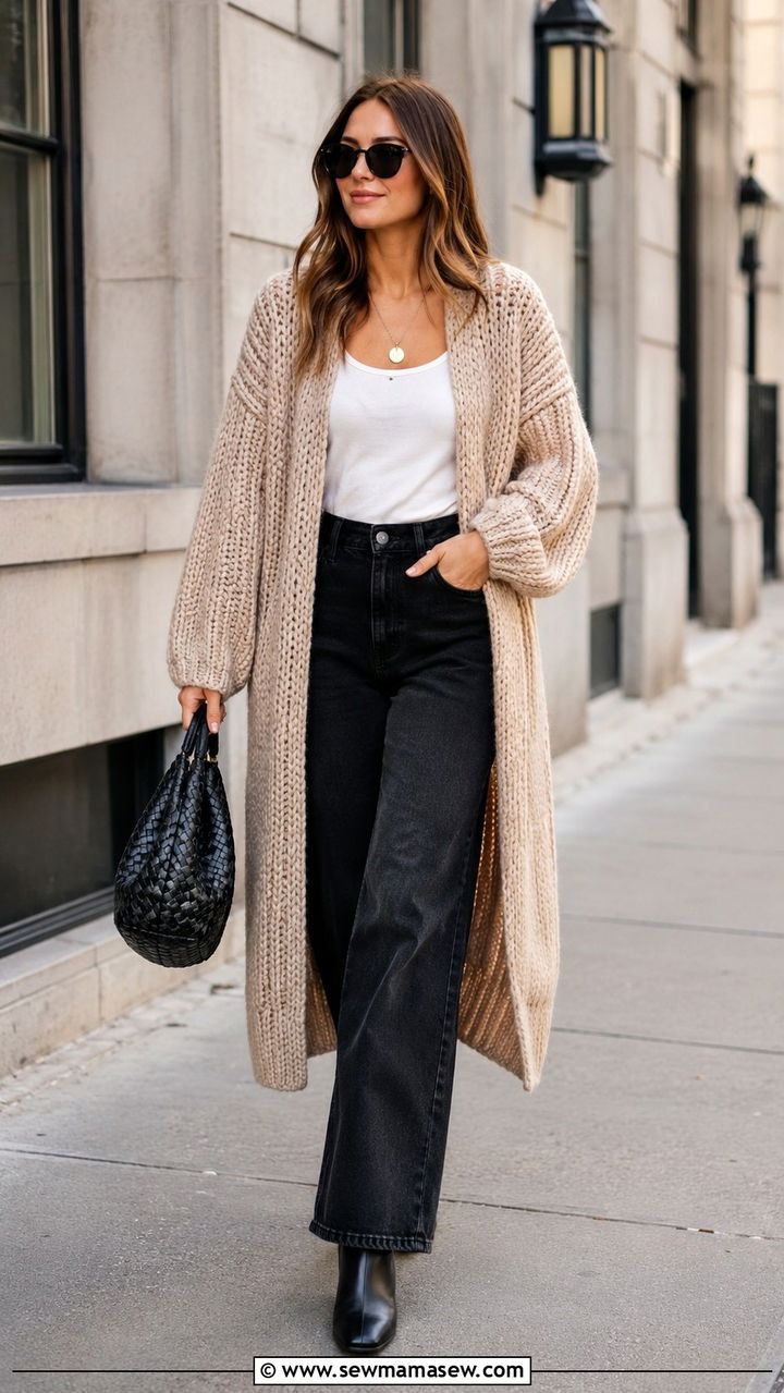 Cardigan Sweater Layered Over Wide Leg Jeans - 25 Wide leg jeans outfit ideas with a sweater