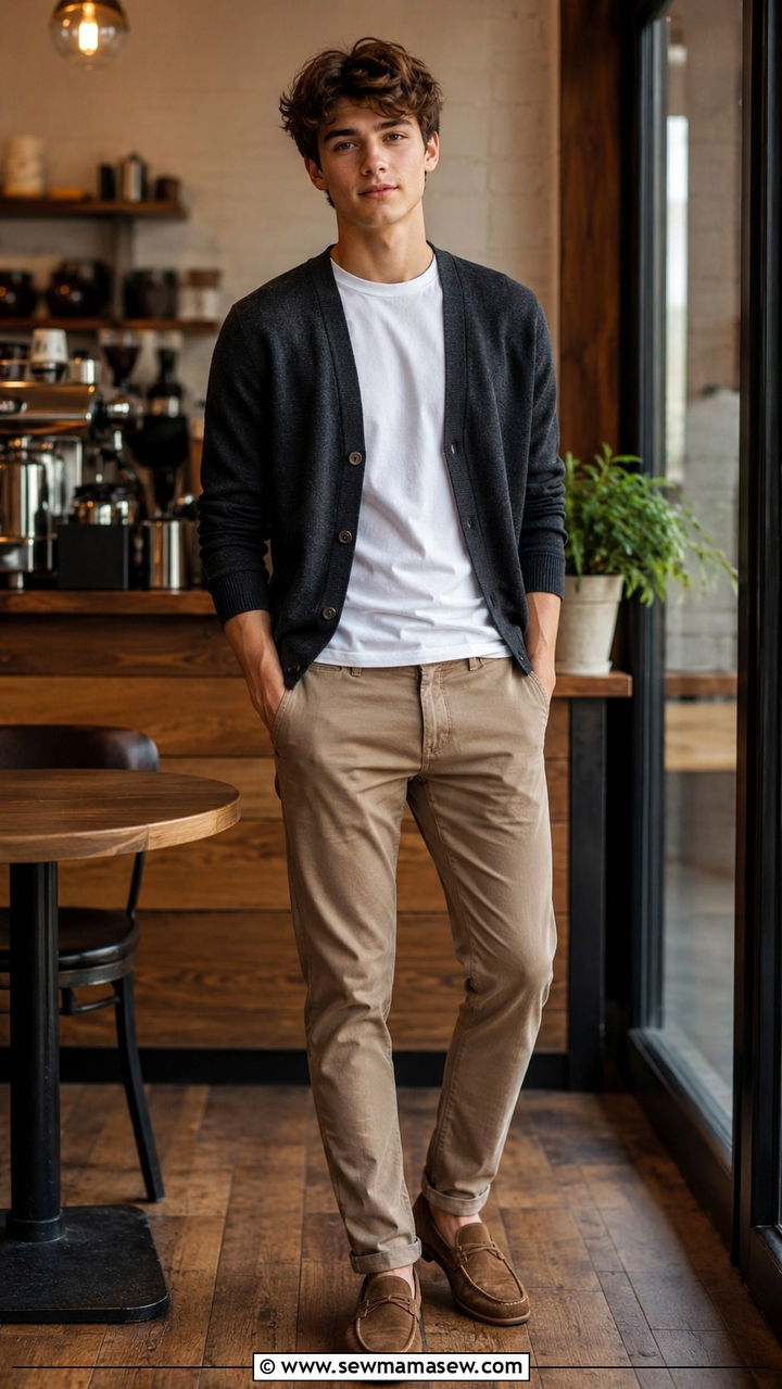 Cardigan Sweater with Tee and Slim Chinos - 30 Senior photo outfit ideas for guys