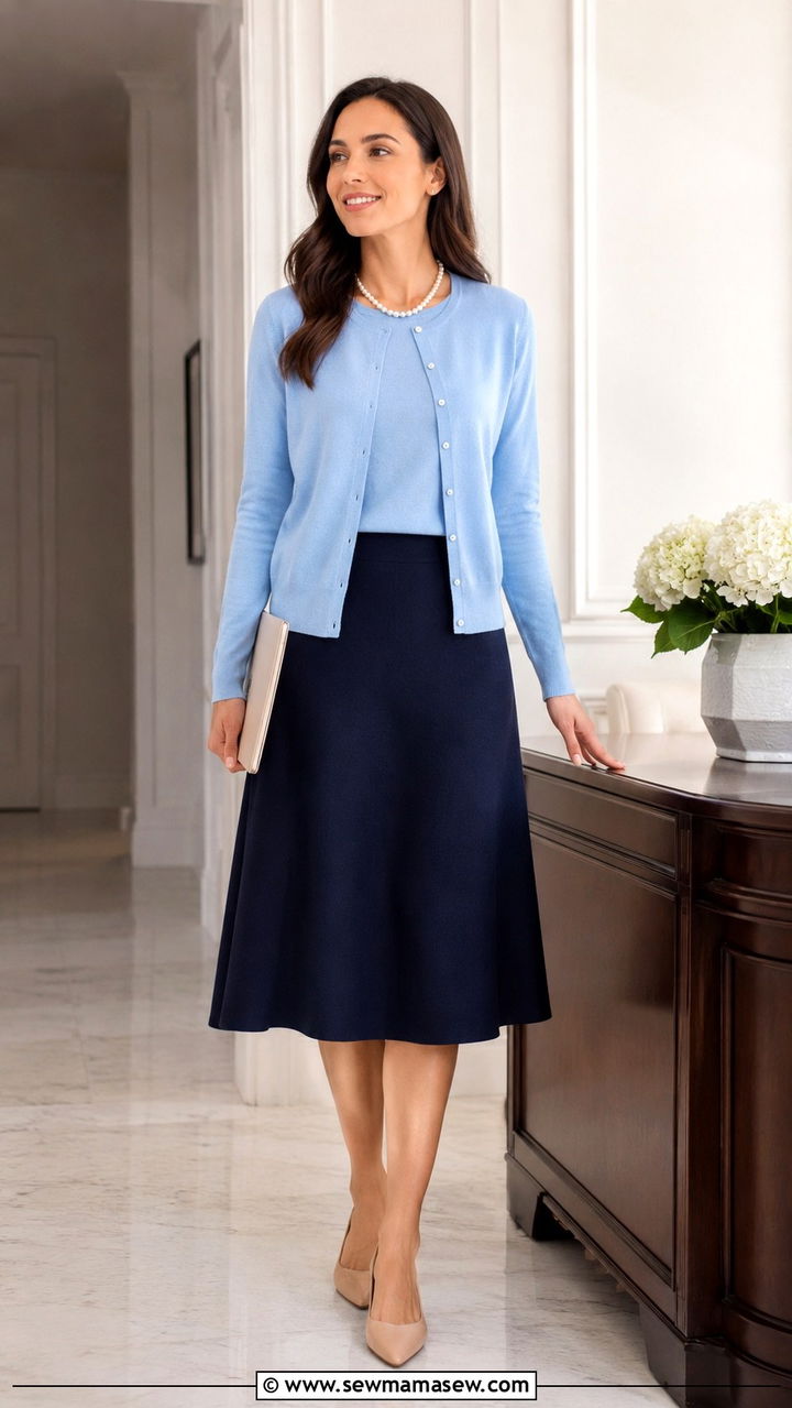 Cardigan Twin Set With Matching Shell And Midi Skirt - 30 Preppy work outfits