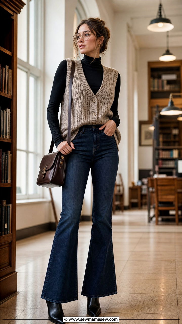 Cardigan Vest with Flare Jeans and Ankle Boots - 30 Flare jeans outfit ideas with a cardigan