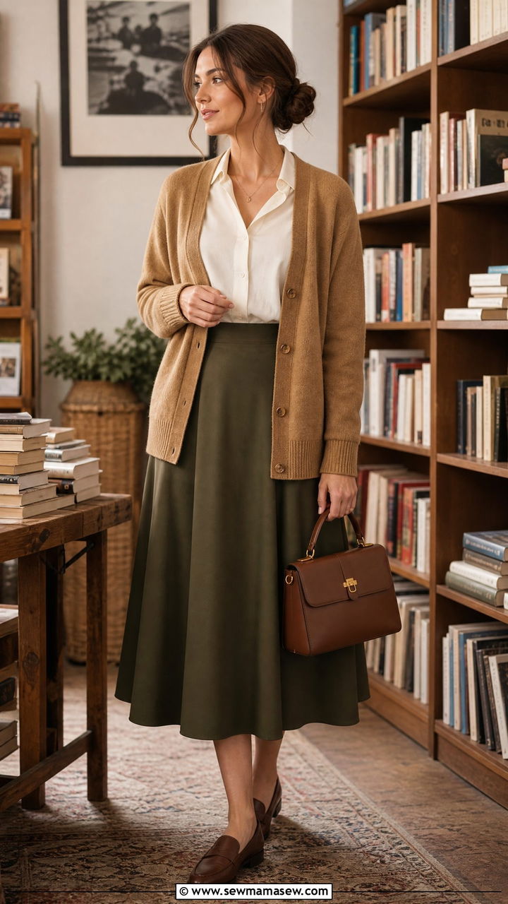 Cardigan With Button Down Shirt And Midi Skirt - 25 classy librarian core outfits