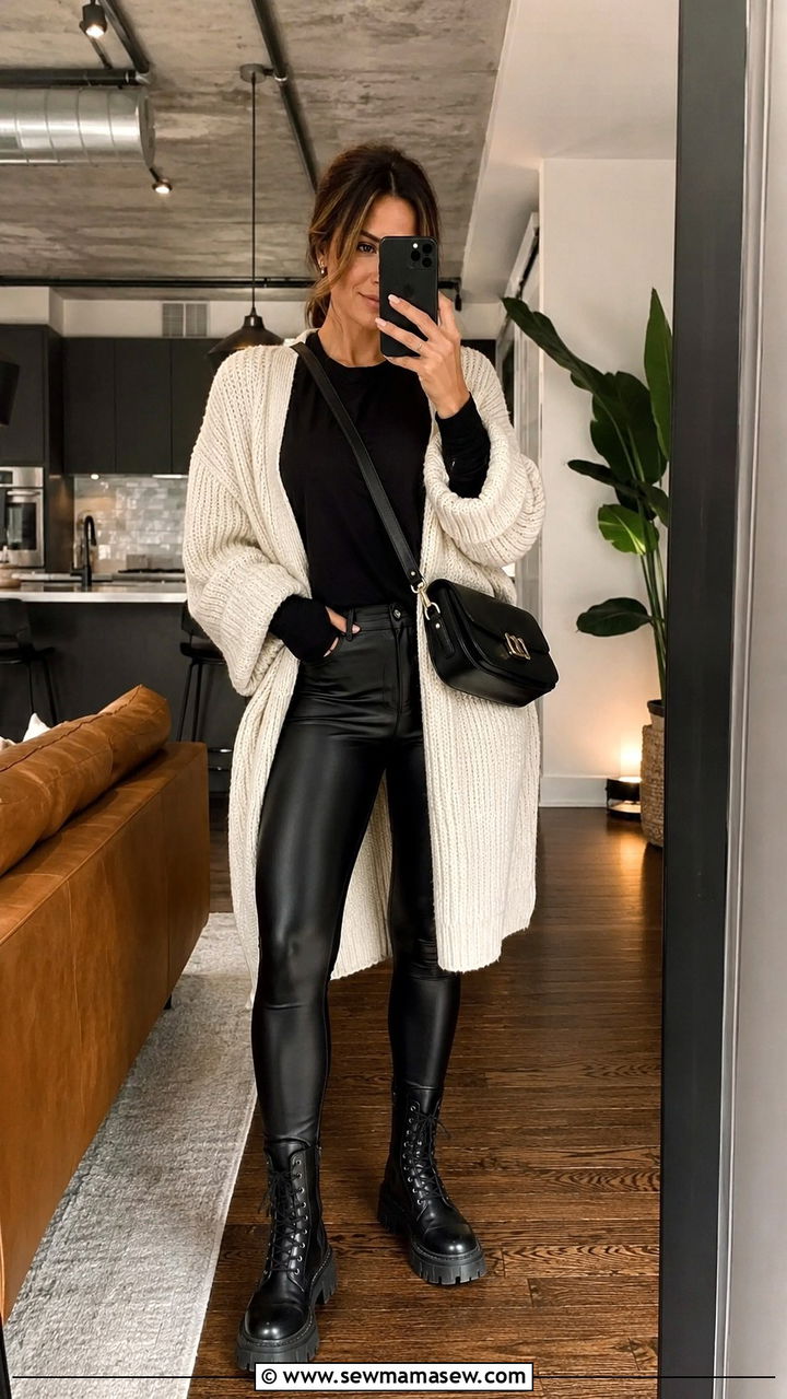 Cardigan With Faux Leather Leggings - 30 how to style cardigan