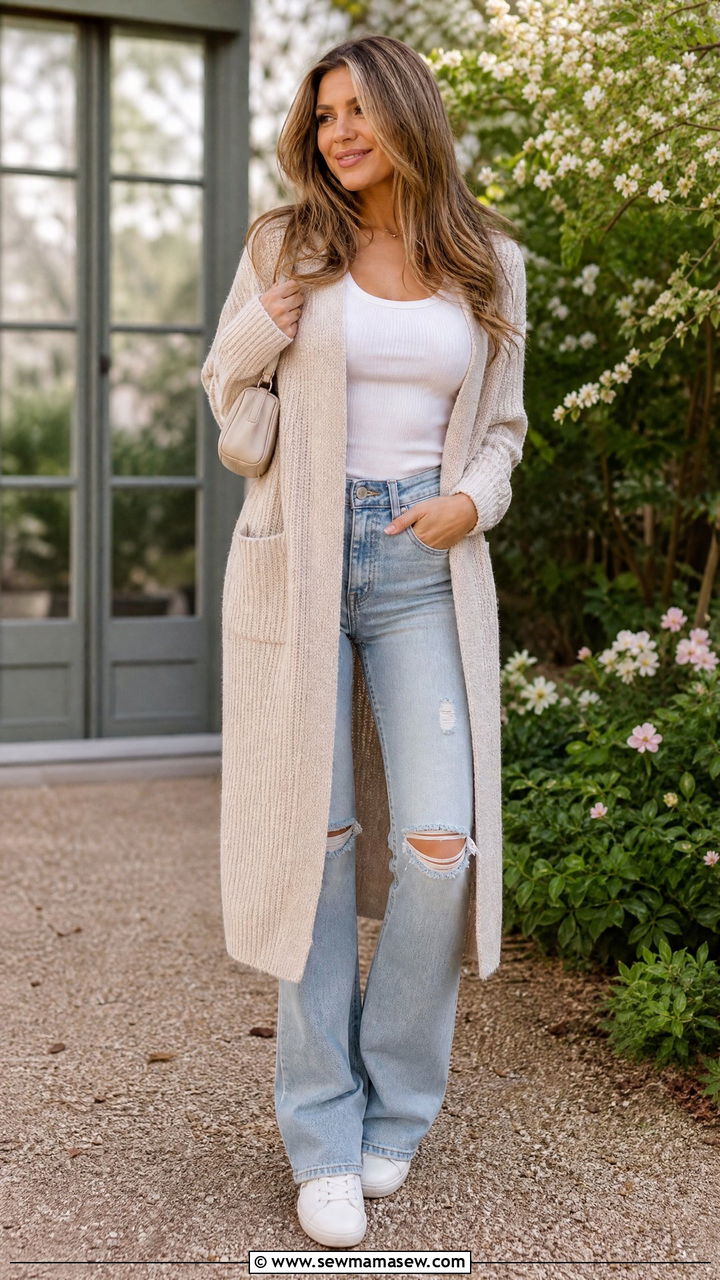 Cardigan With Flare Jeans And White Sneakers - 25 Flare jeans outfit ideas with white sneakers