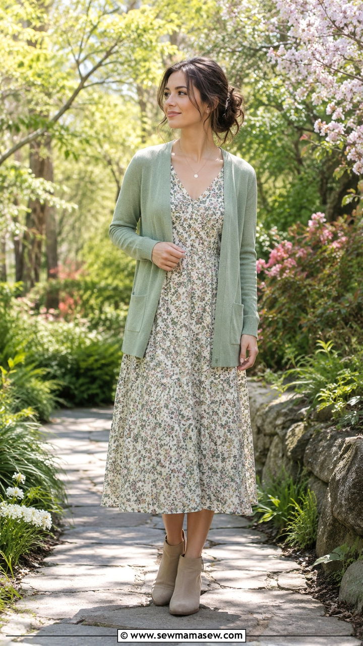Cardigan With Floral Midi Dress - 30 transitional petite outfit ideas