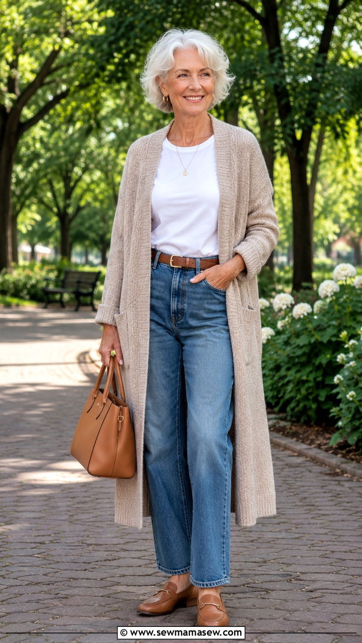Cardigan With High Waisted Jeans For Women Over 70 - 30 Outfit ideas for women over 70