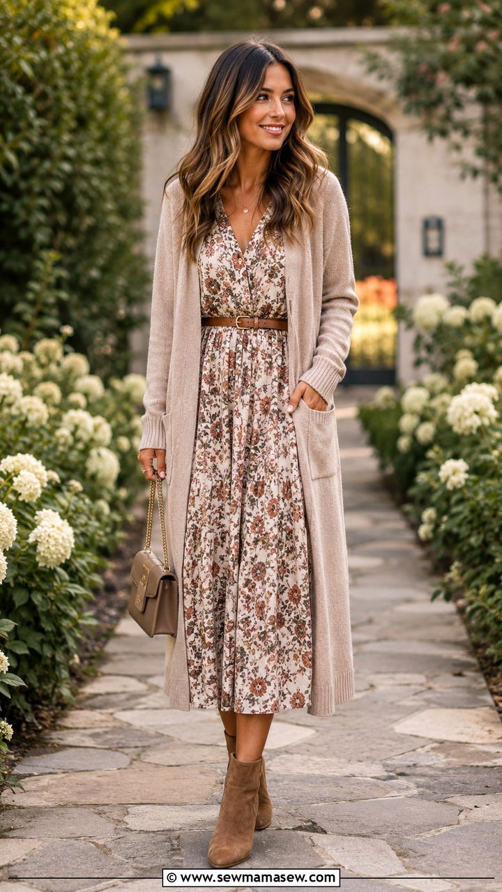Cardigan With Midi Dress And Ankle Boots - 30 transitional everyday outfits for women