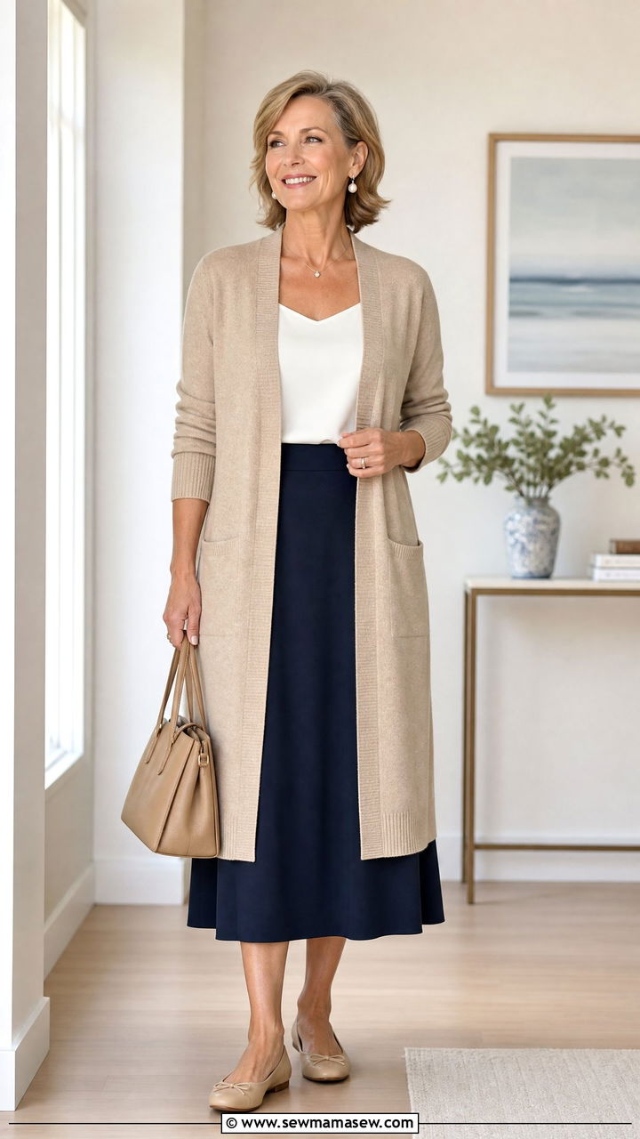Cardigan With Midi Skirt - 30 Modest outfits for women over 50