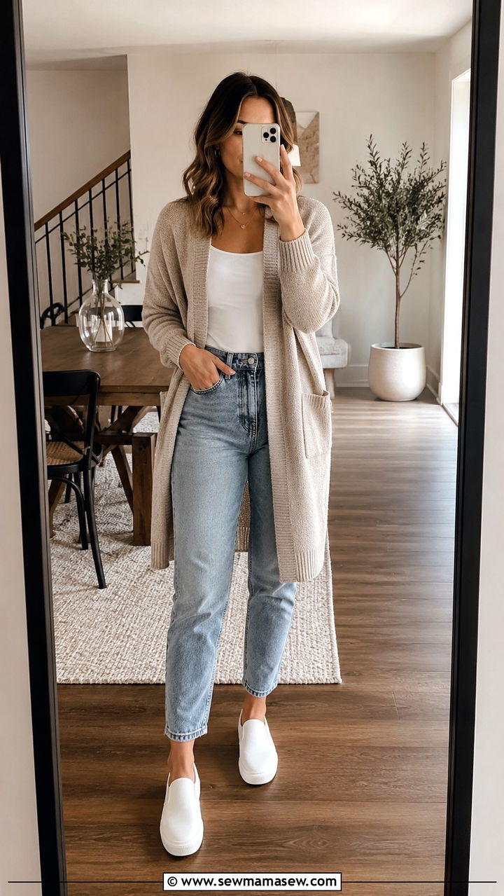 Cardigan With Mom Jeans and White Sneakers - 30 Mom jeans outfit ideas with white sneakers