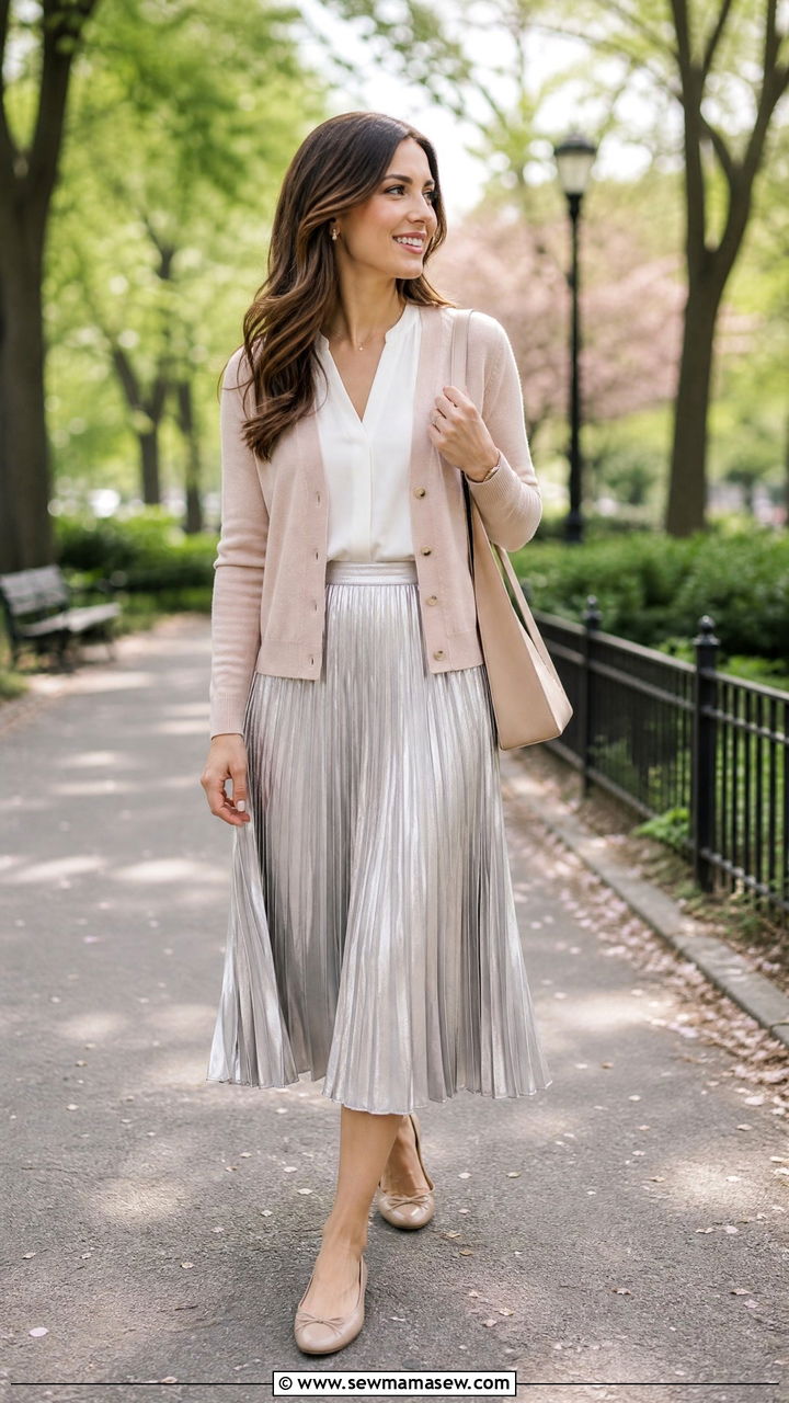 Cardigan With Pleated Midi Skirt And Flats - 25 Business casual outfits with cardigan