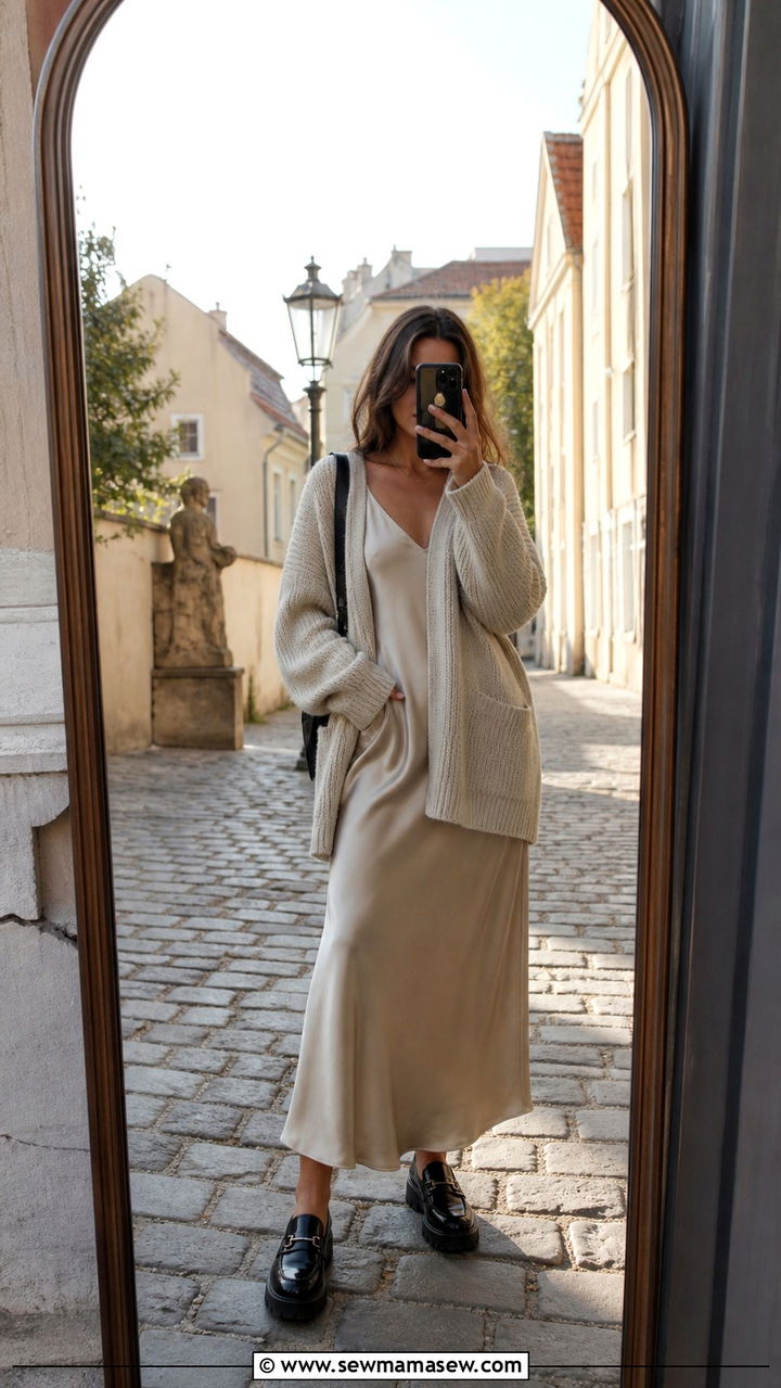 Cardigan With Slip Dress And Chunky Loafers For Prague - 40 What to wear in Prague