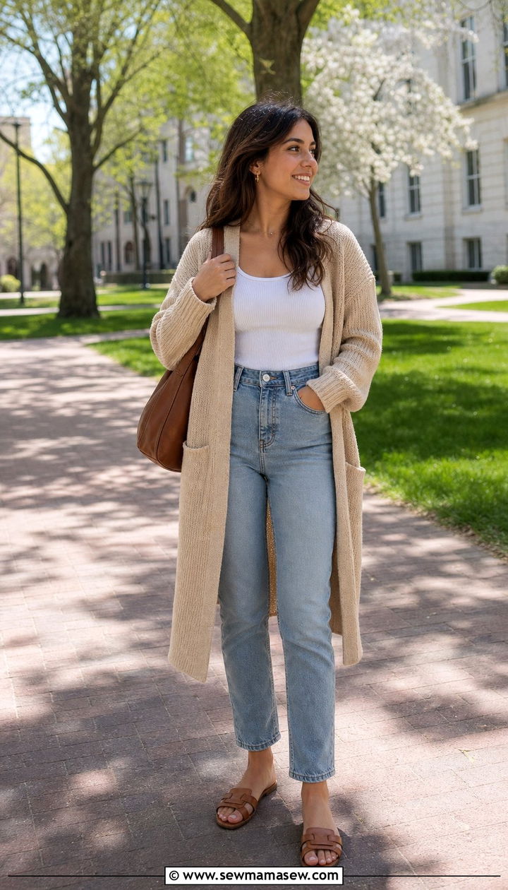 Cardigan With Tank Top and High Waisted Jeans - 25 College outfit ideas petite