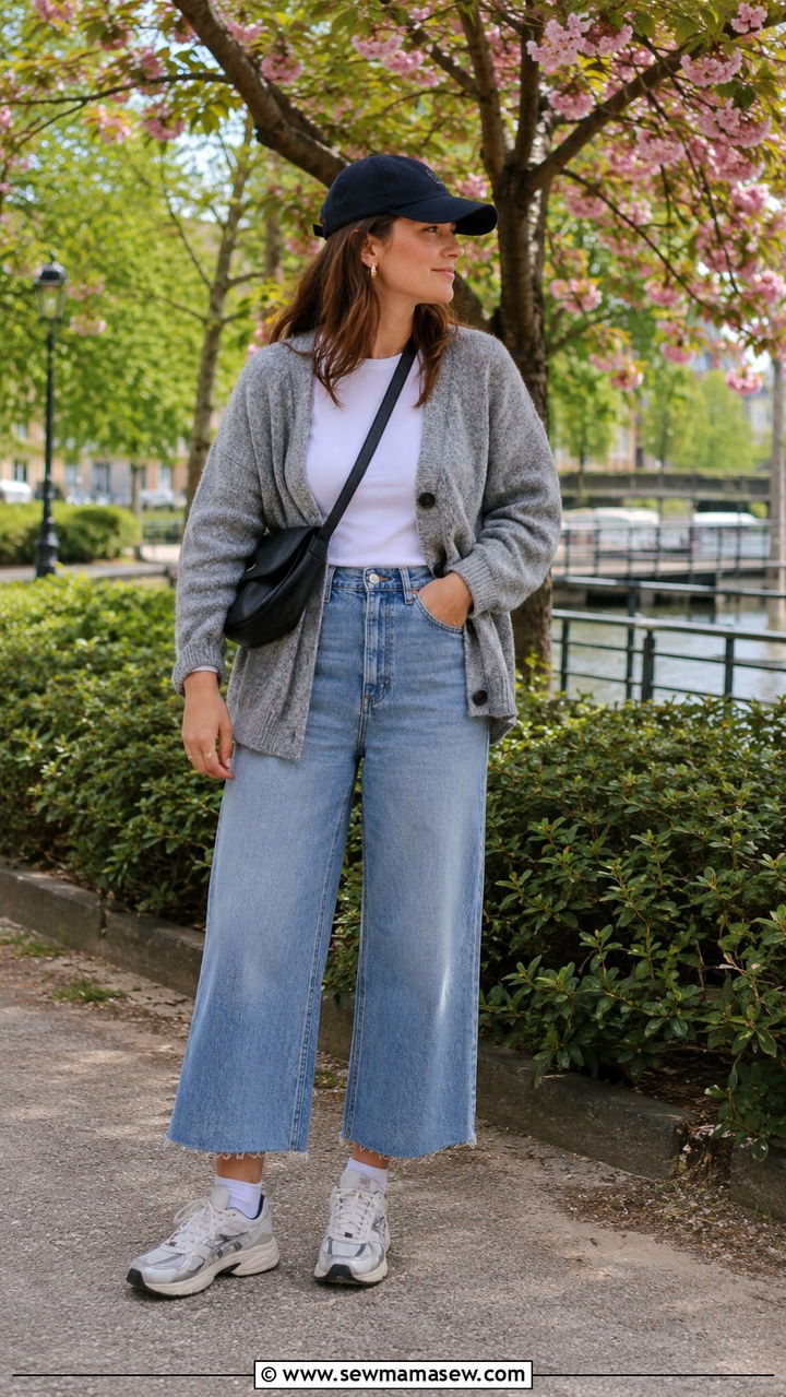 Cardigan With Wide Leg Jeans and Chunky Sneakers - 25 Wide leg jeans outfit ideas with a cardigan