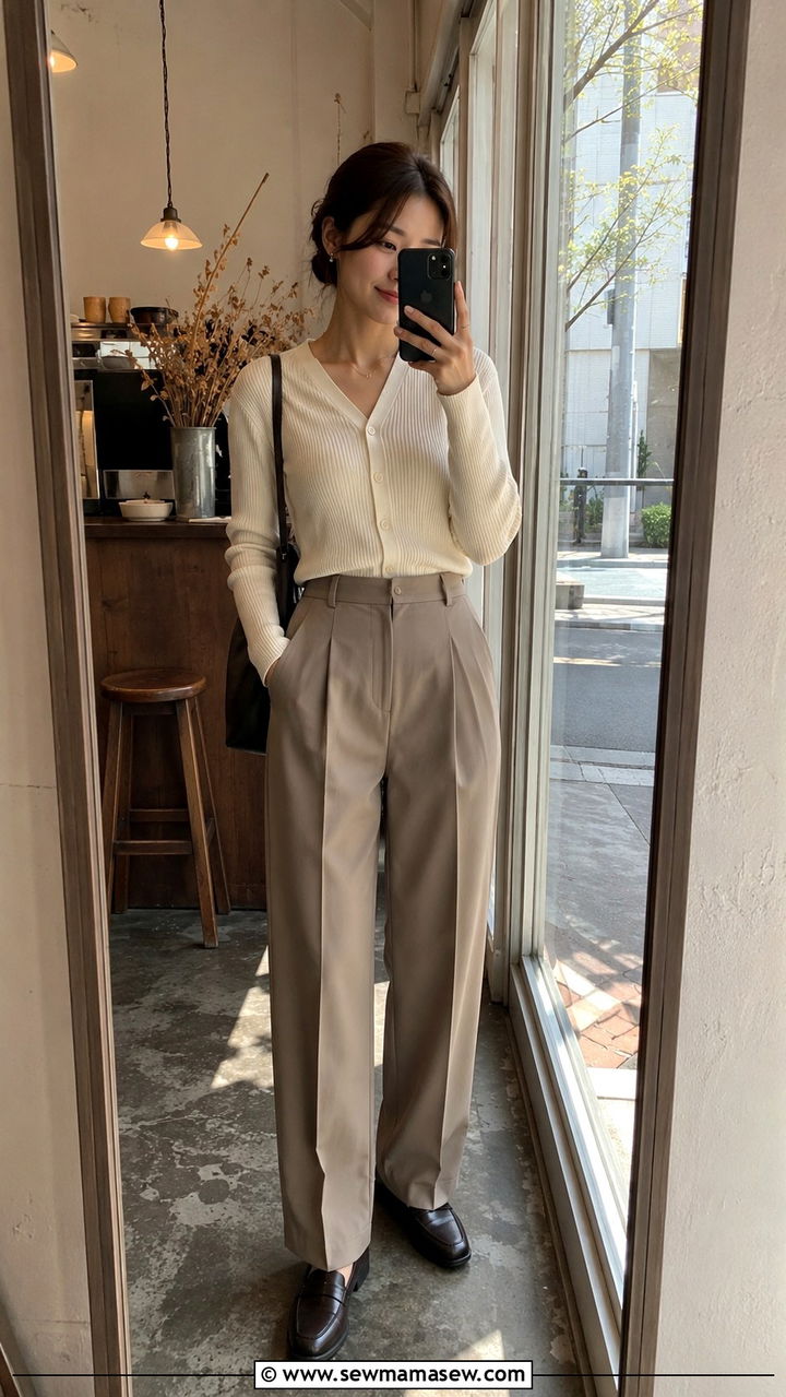 Cardigan Worn As Top With High Waisted Pants And Loafers - 30 Tokyo vacation outfit ideas