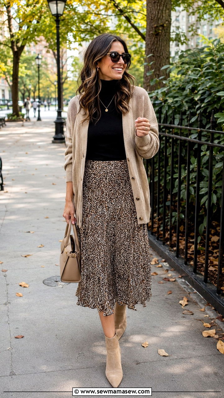 Cardigan Worn Open Midi Skirt Ankle Boots - 30 NYC brunch outfit ideas