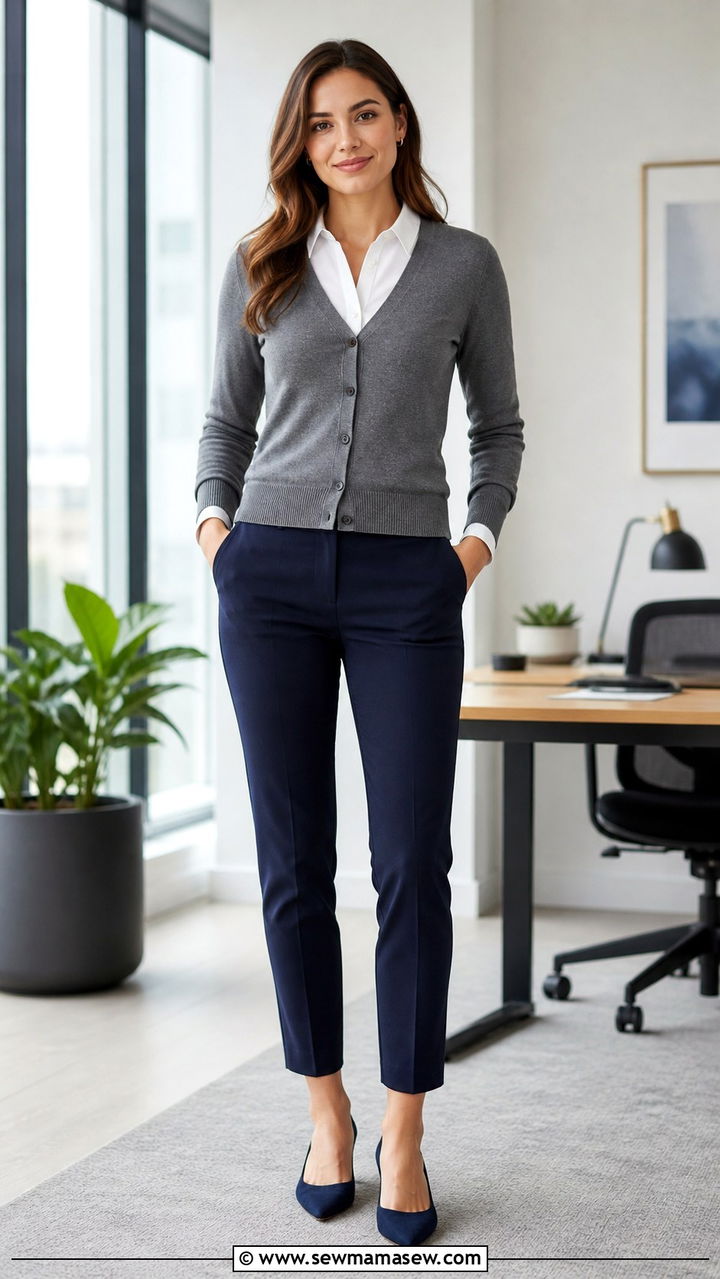 Cardigan Worn Over a White Button Down Shirt and Tailored Pants - 40 casual cardigan outfits