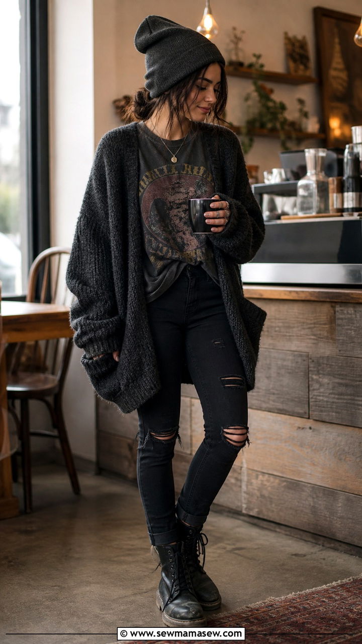 Cardigan and Band Tee Grunge Outfit - 40 grunge outfits for women