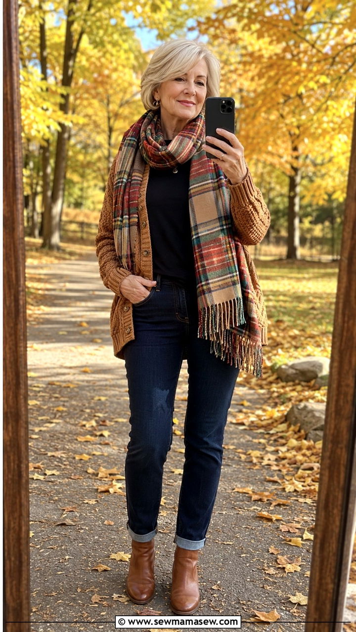 Cardigan and Dark Denim Fall Travel Outfit - 30 Travel outfit ideas for women over 60
