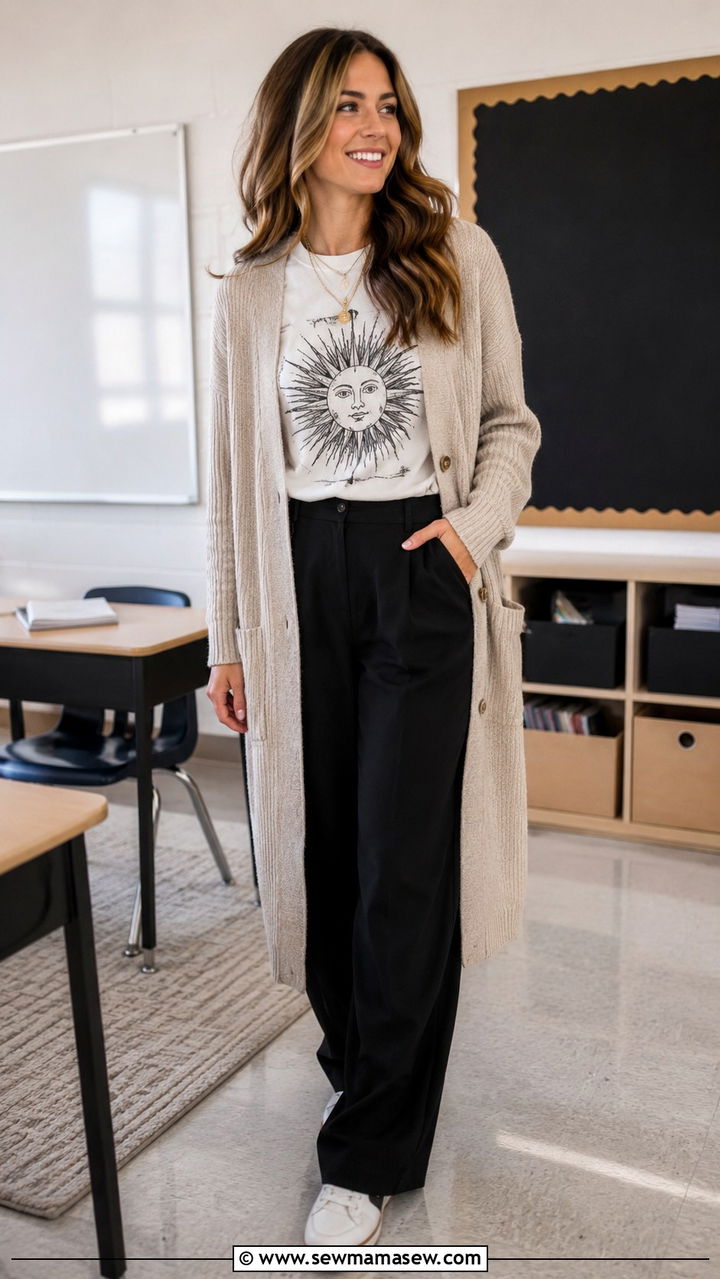 Cardigan and Graphic Tee with Wide Leg Trousers - 30 teacher outfits 2026