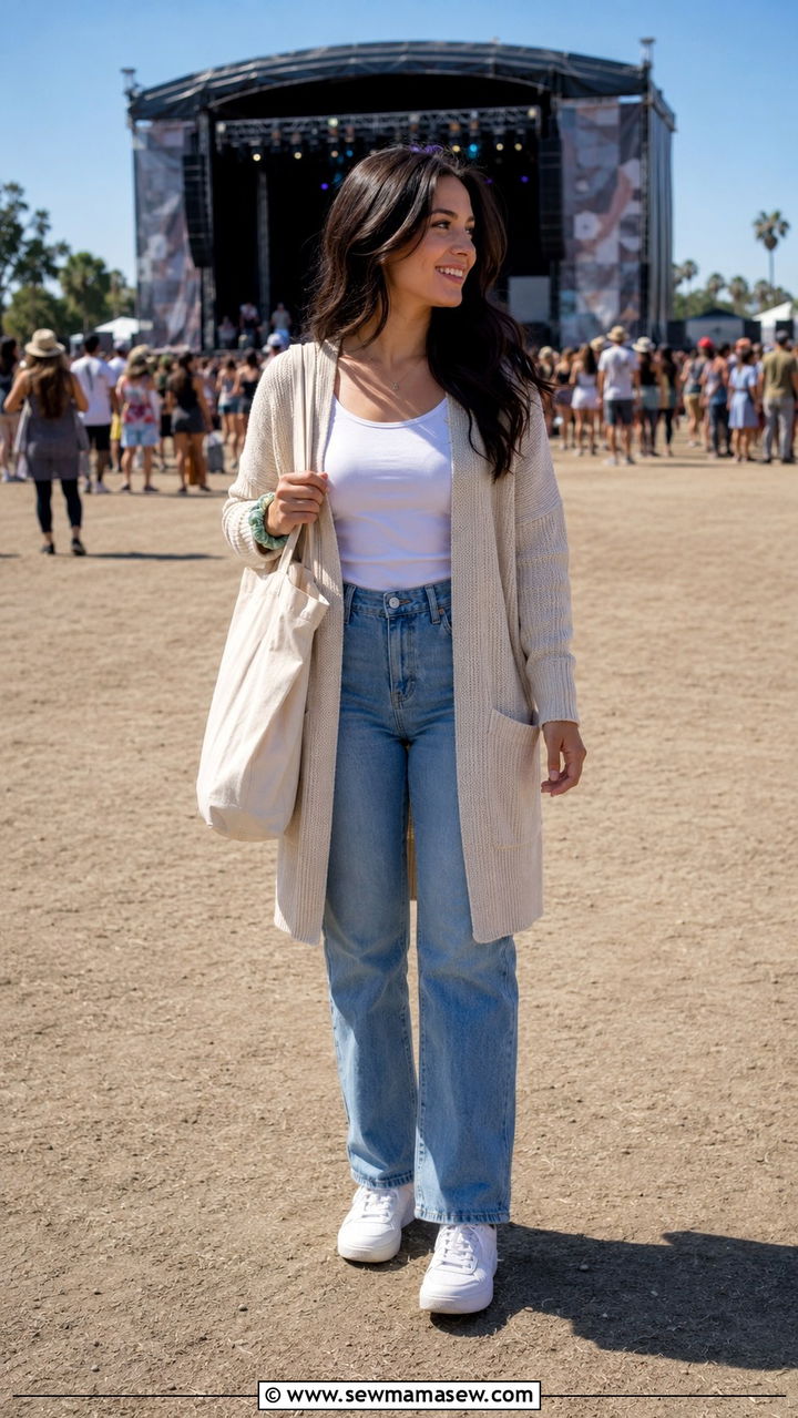 Cardigan and Jeans - 30 modest music festival outfit ideas