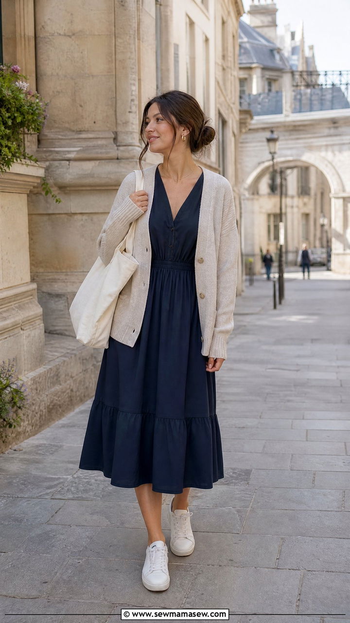 Cardigan and Midi Dress with Sneakers - 30 classy Europe travel outfits