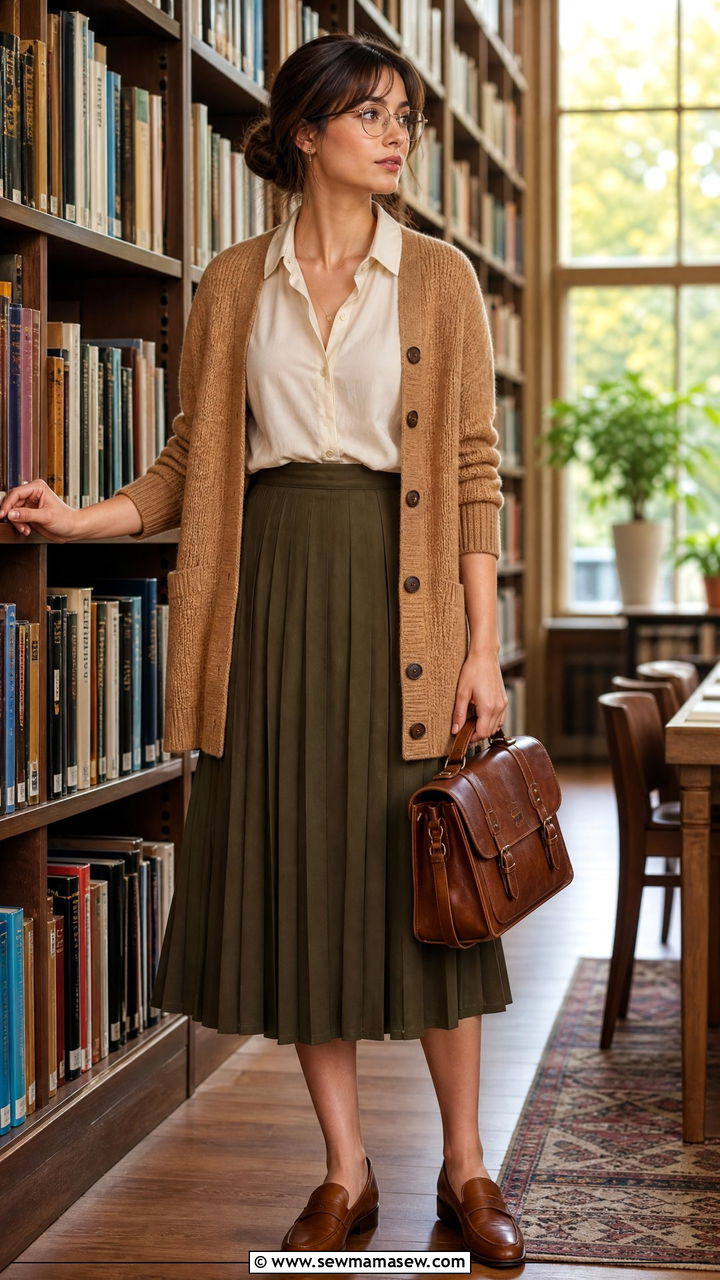 Cardigan and Midi Skirt Librarian Outfit - 25 librarian core outfits inspo