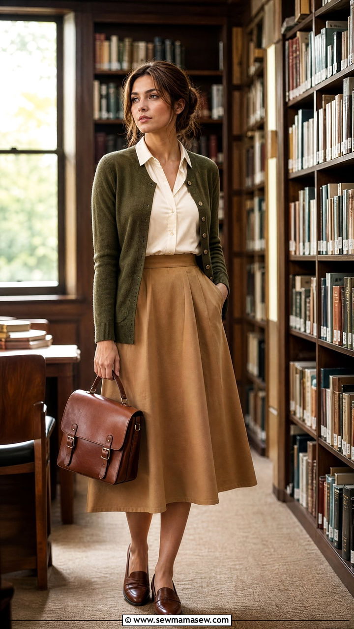 Cardigan and Midi Skirt Outfit - 25 librarian core outfits aesthetic