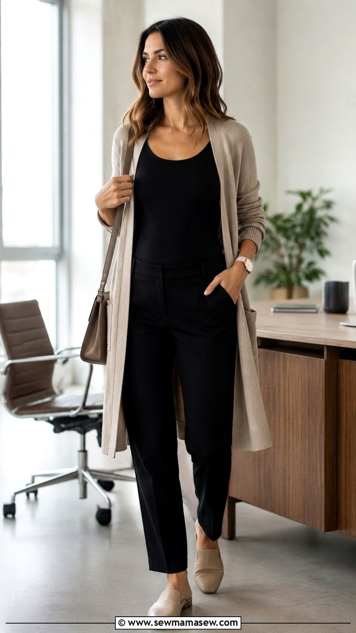 Cardigan and Nursing Tank With Trousers Outfit - 25 work outfits for new moms