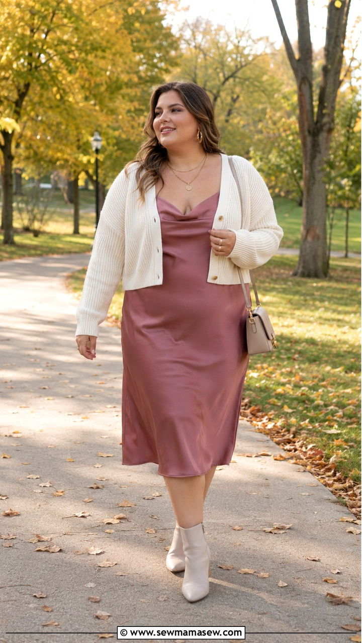 Cardigan and Slip Dress with Ankle Boots - 25 Plus size outfit ideas for 16-18