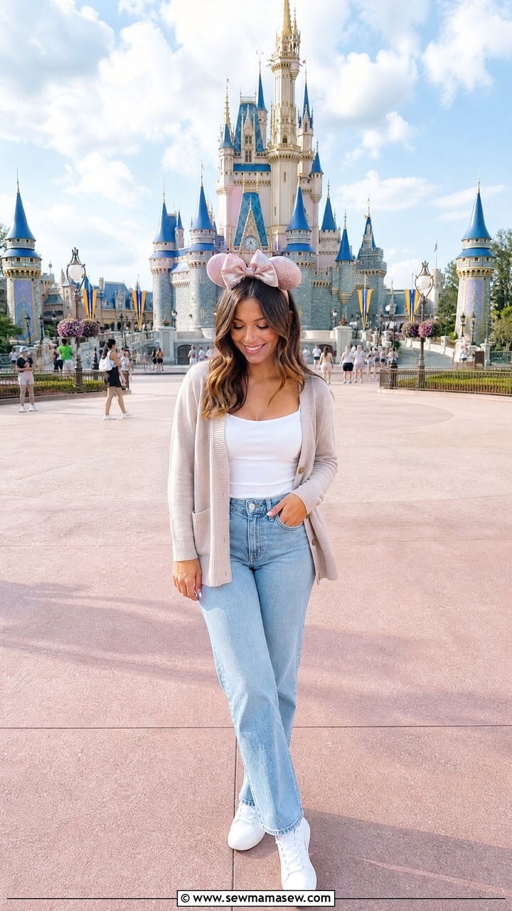 Cardigan and Straight Leg Jeans Disney World Spring Outfit - 30 Disney World outfit ideas spring