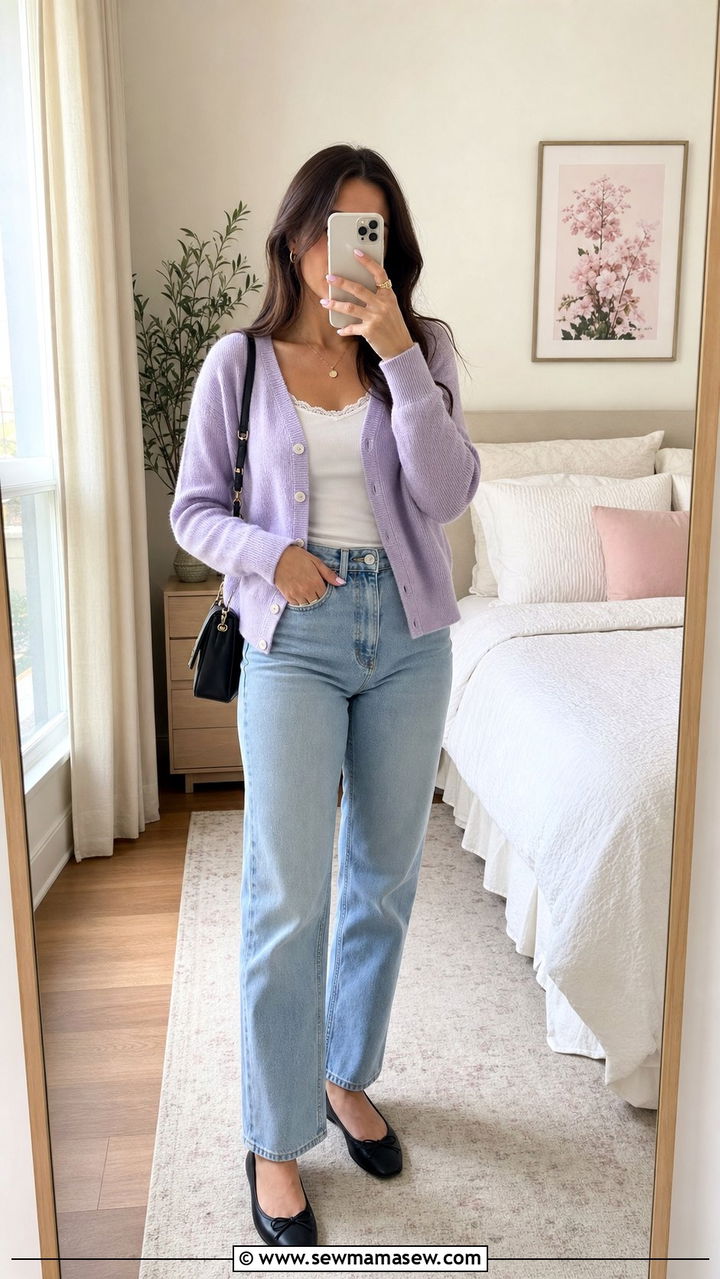Cardigan and Straight Leg Jeans With Ballet Flats - 25 spring straight leg jeans outfit ideas