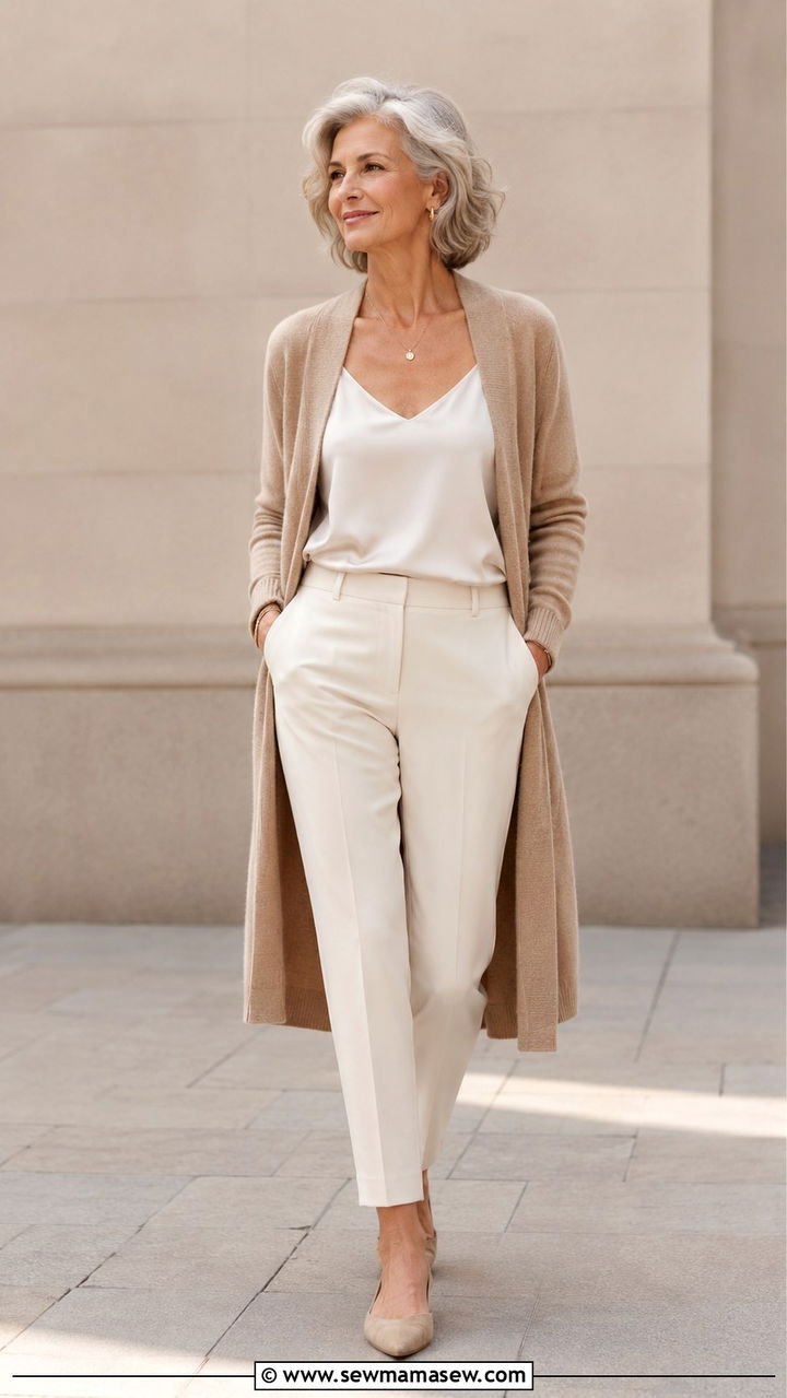 Cardigan and Tailored Trousers Outfit - 30 Trendy outfit ideas for women over 50