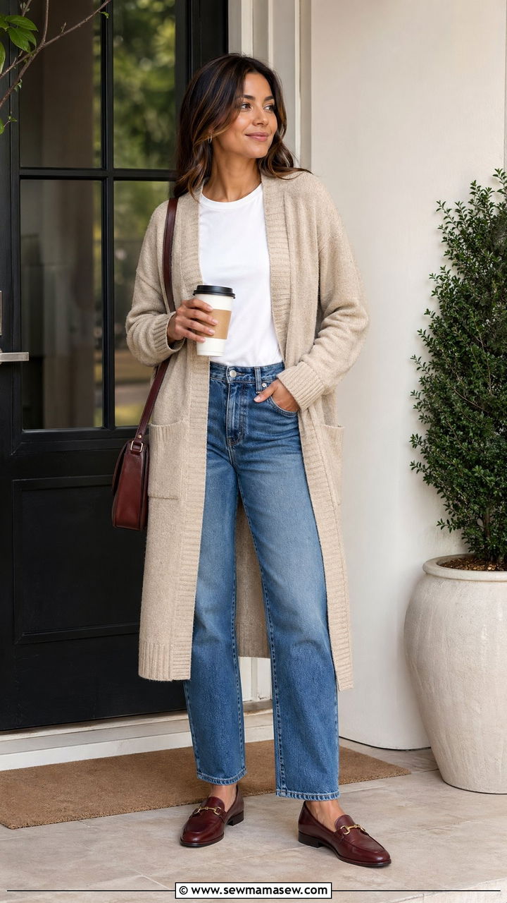Cardigan and White Tee with Straight Leg Jeans and Loafers - 35 errands outfits for women