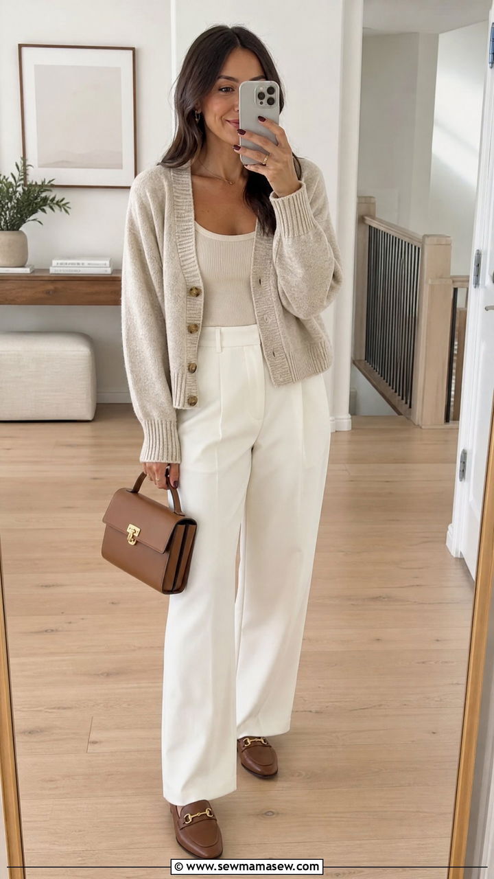 Cardigan and White Wide Leg Pants Outfit - 20 Spring outfits for 65 degree weather